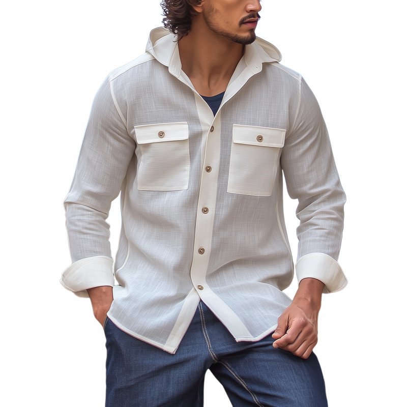 Adam | Men'S Casual Solid Color Breathable Linen Chest Pocket Hooded Loose Long Sleeve Shirt