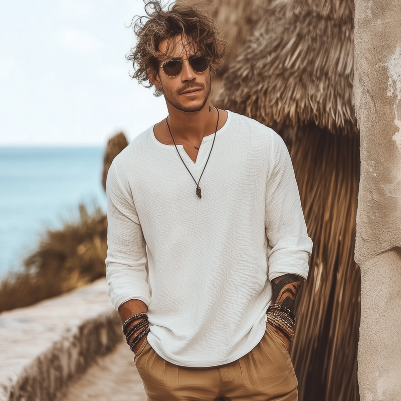 Clifton | Men'S Casual Solid Color Breathable Cotton Bubble Wrinkled V-Neck Loose Long-Sleeved T-Shirt