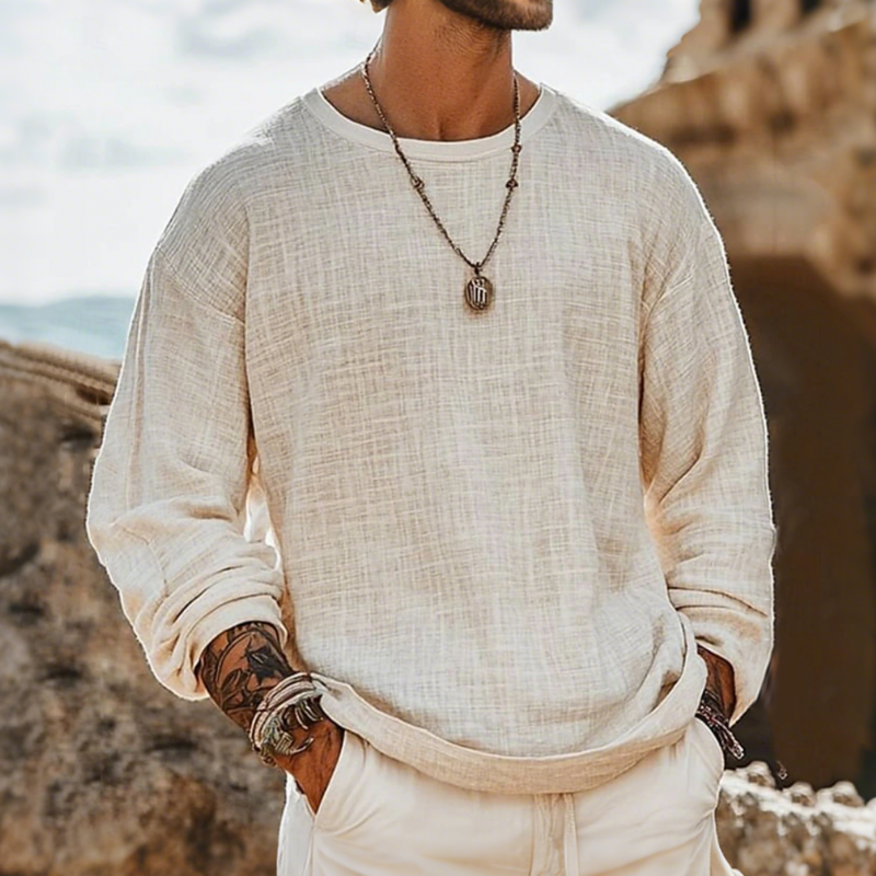 Oliver | Men'S Casual Breathable Cotton Linen Round Neck Loose Long-Sleeved T-Shirt