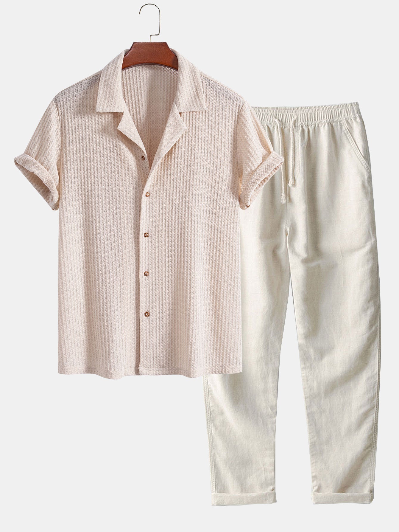 Adlai® | Short Sleeve Knitted Waffle Cuban Shirt & Straight Leg Linen Pants