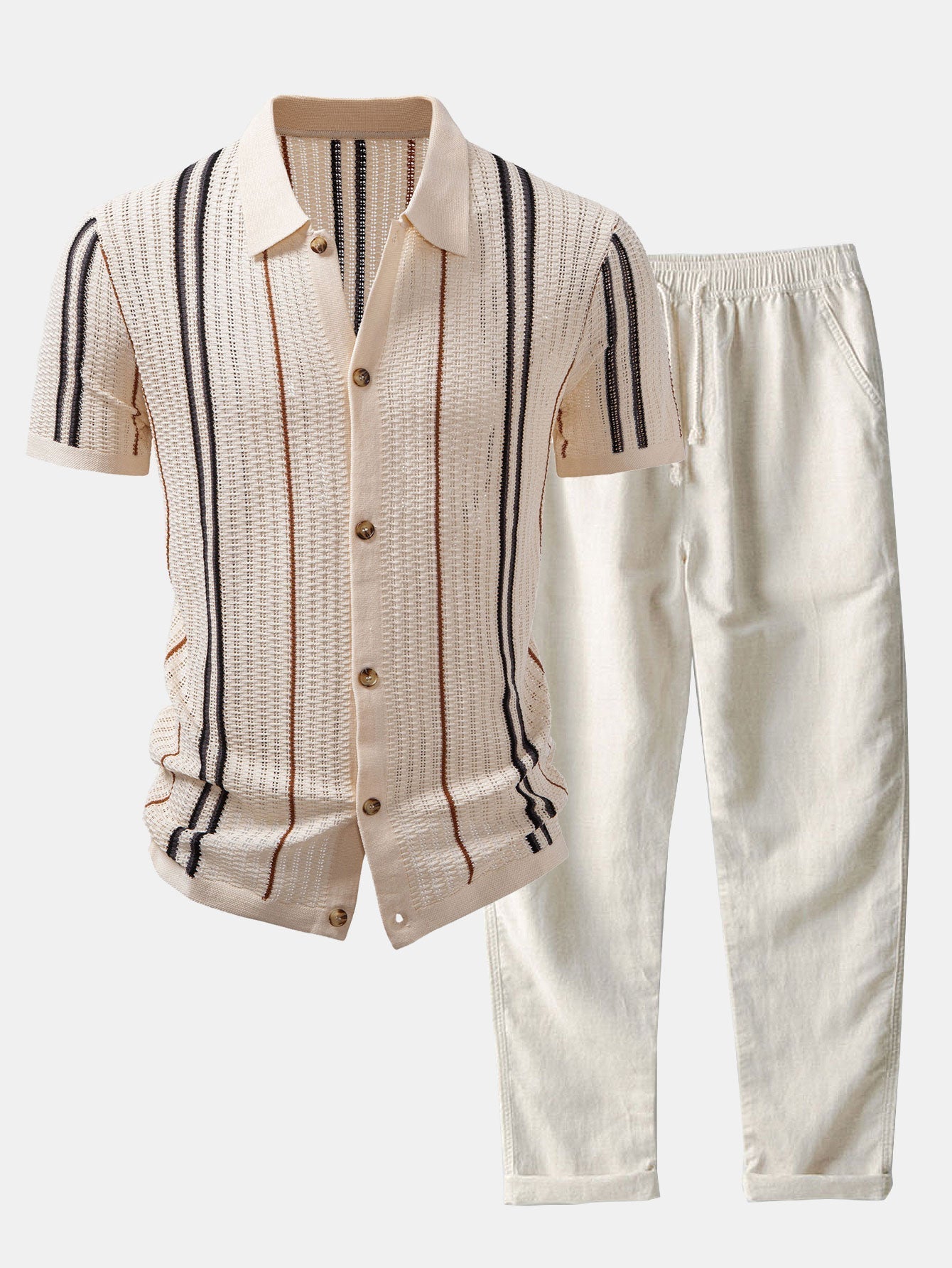 hola CROCHET STRIPED SHIRT WITH BUTTONS & STRAIGHT LEG LINEN PANTS