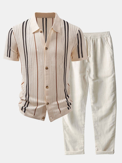 hola CROCHET STRIPED SHIRT WITH BUTTONS & STRAIGHT LEG LINEN PANTS