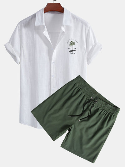 Alejandro® | Palm Tree Print Linen Look Cotton Button Up Shirt & Swim Shorts