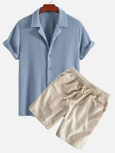 Ian® | Textured Cuban Shirt & Linen Cotton Blend Drawstring Shorts