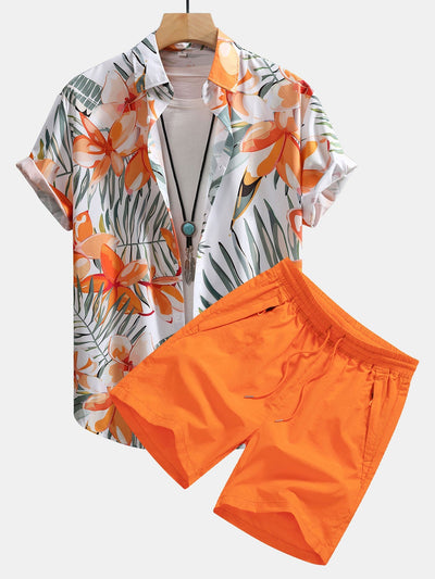 Adalwolf® | Flower Plants Print Button Up Shirt & Swim Shorts