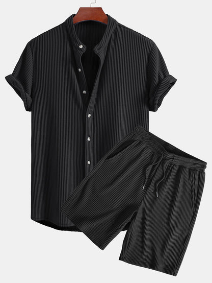 Adelmo® | Waffle Stand Collar Shirt & Drawstring Waffle Shorts