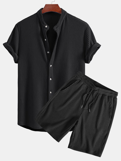 Adelmo® | Waffle Stand Collar Shirt & Drawstring Waffle Shorts