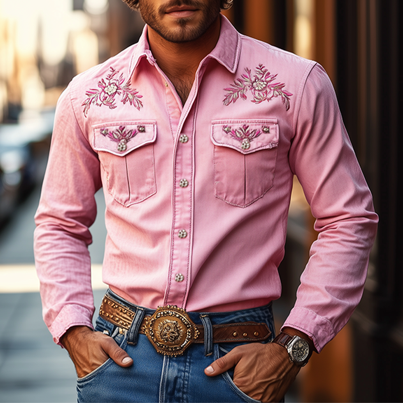 Men's American Retro Western Style Cotn Blend Embroidered Long Sleeve Shirt