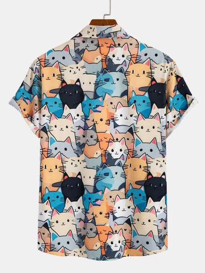 Imran® | Cartoon Cat Print Button Up Shirt & Drawstring Swim Shorts