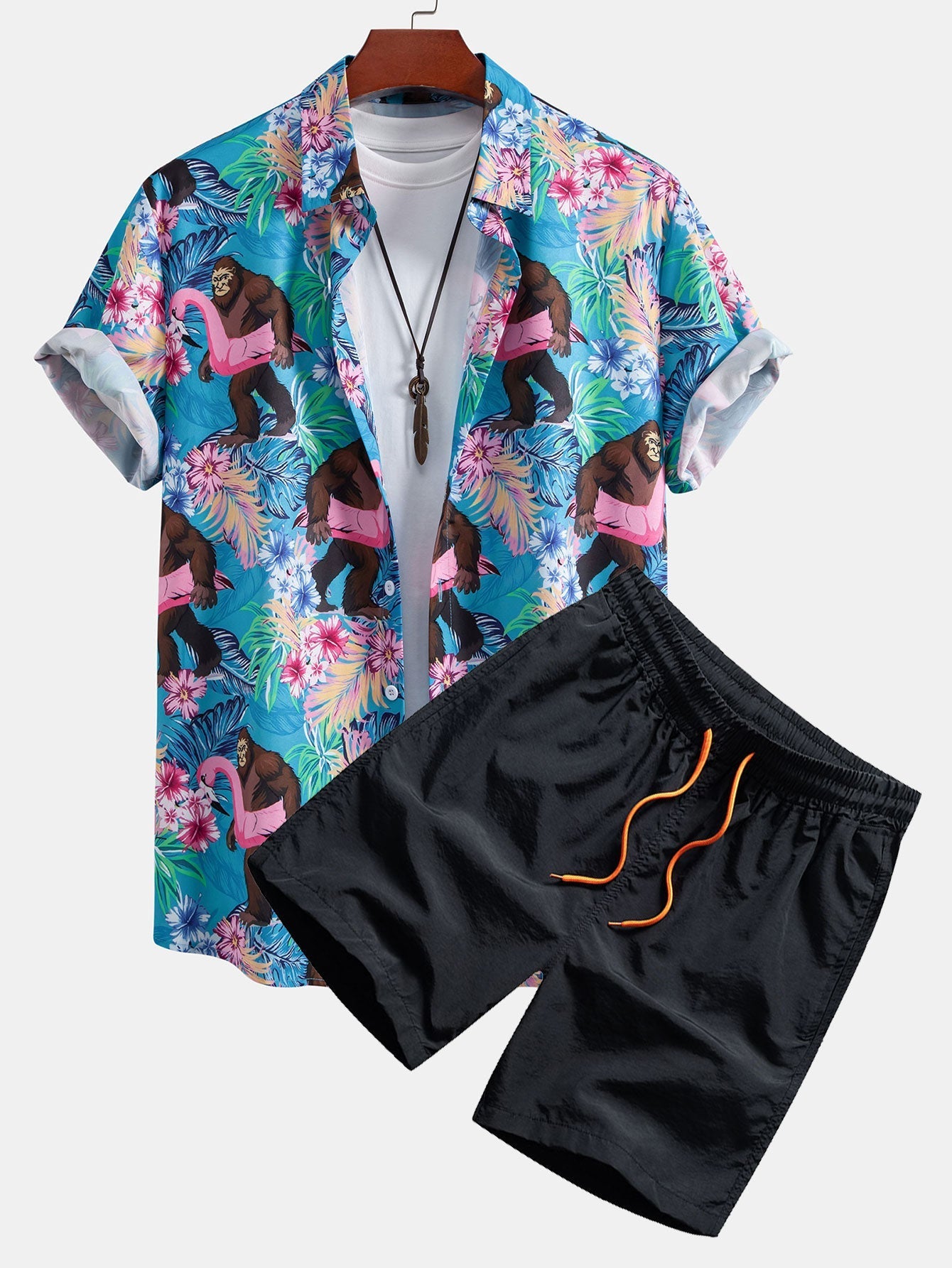 Adonai® | Tropical Plants And Orangutan Print Button Up Shirt & Swim Shorts