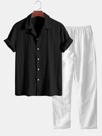 Afan® | Geometric Jacquard Textured Cuban Shirt & Straight Leg Linen Pants