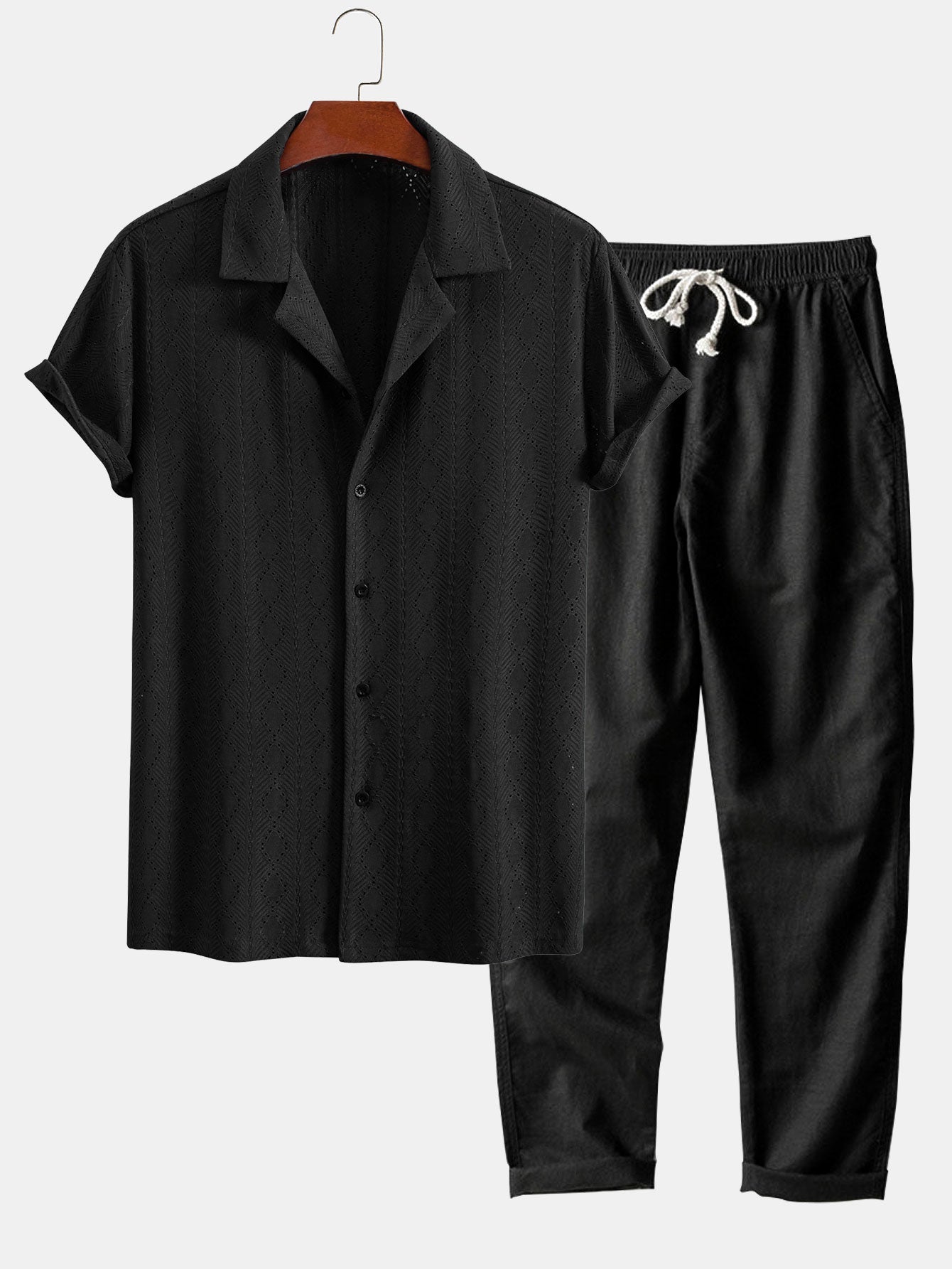 Jerónimo® | Muscle Fit Diamond Texture Cuban Shirt & Straight Leg Linen Pants