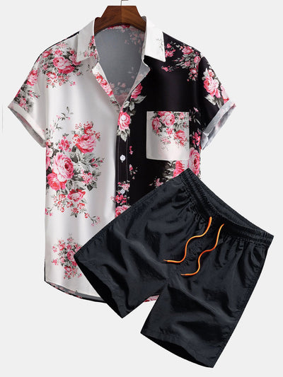 Virgil® | Two Tone Rose Print Button Up Shirt & Swim Shorts