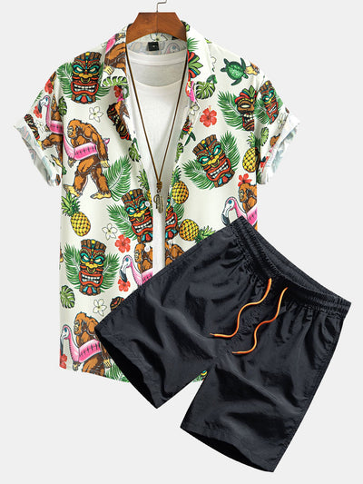 Marvin® | Tropical Tiki Bigfoot Print Button Up Shirt & Man Mid Length Drawstring Swim Shorts
