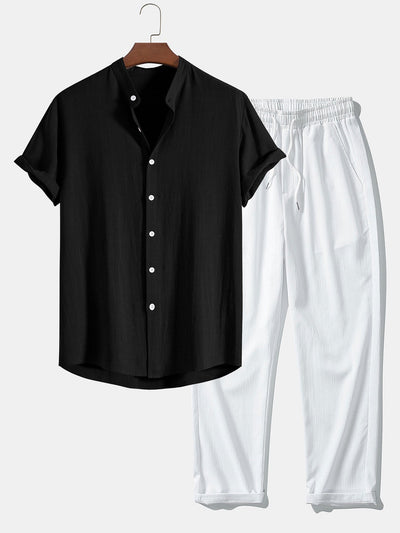 Donato® | Linen And Rayon Blend Stand Collar Shirt & Wrinkle Textured Straight Leg Pants