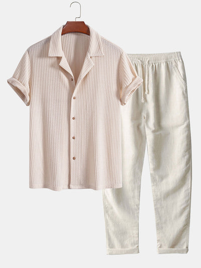 Carson® | Short Sleeve Knitted Waffle Cuban Shirt & Straight Leg Linen Pants