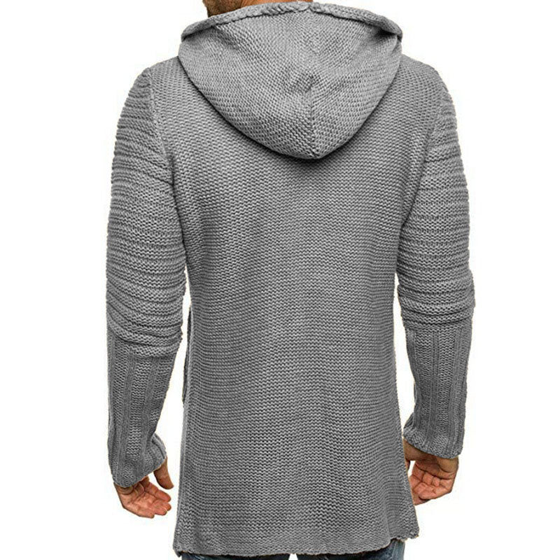 Men's Casual Hooded Single Breasted Long Sleeve Mid Length Knit Cardigan