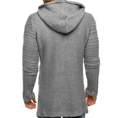 Men's Casual Hooded Single Breasted Long Sleeve Mid Length Knit Cardigan