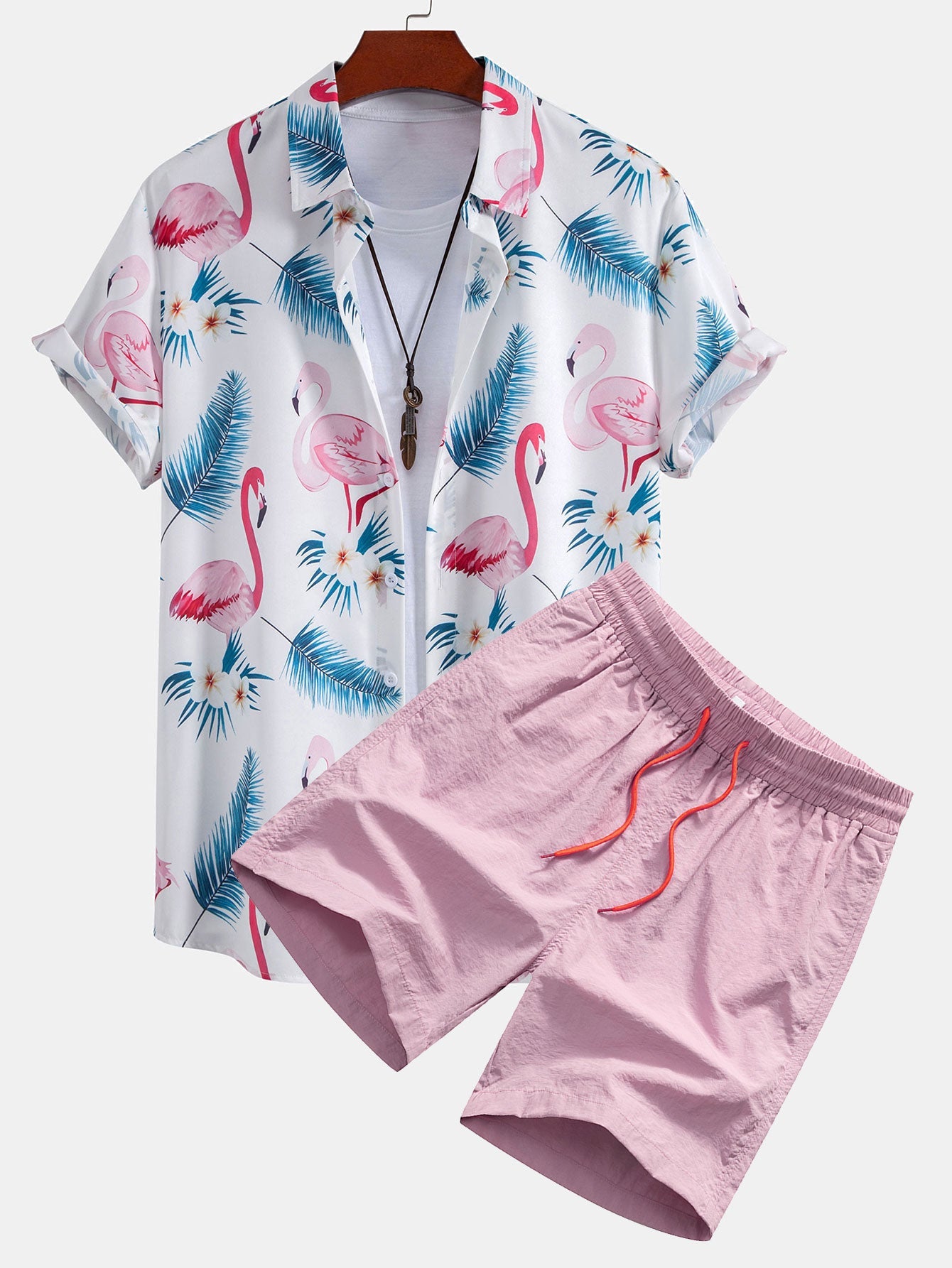 Cliff® | Flamingo Leaf Print Button Up Shirt & Swim Shorts