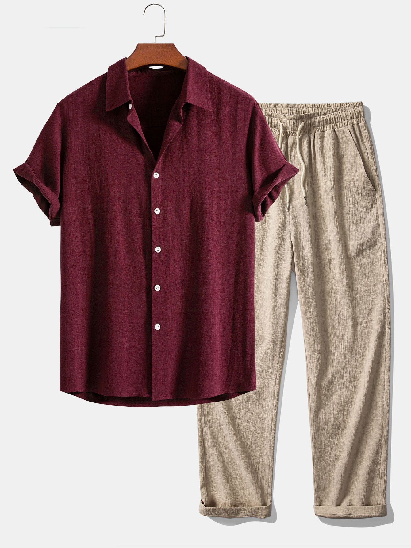 Dorian® | Linen Rayon Blend Button Up Shirt & Wrinkle Textured Straight Leg Pants