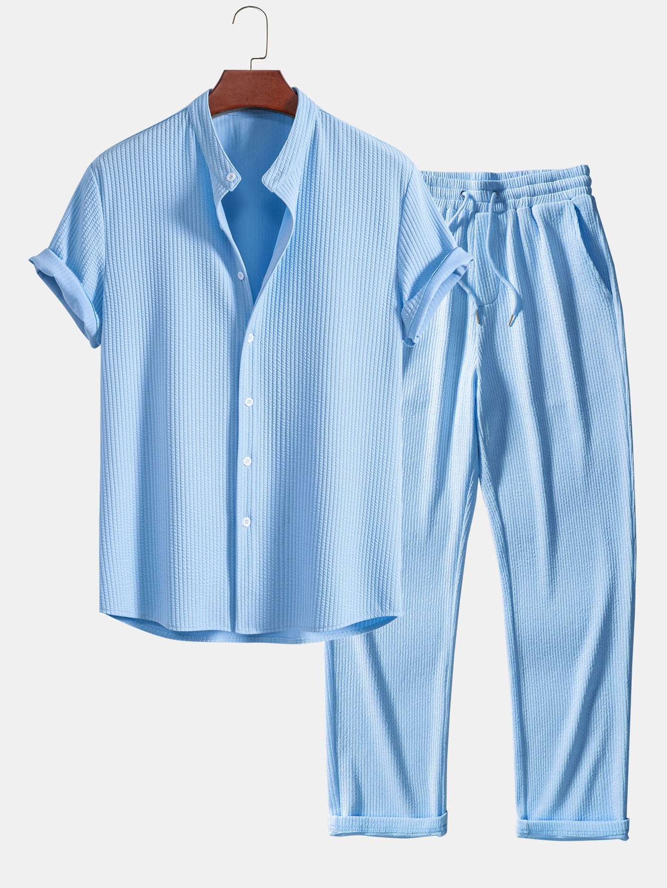 Francis® | Muscle Fit Ribbed Stand Collar Shirt & Straight Leg Ribbed Pants