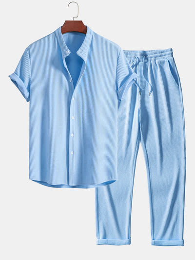 Francis® | Muscle Fit Ribbed Stand Collar Shirt & Straight Leg Ribbed Pants