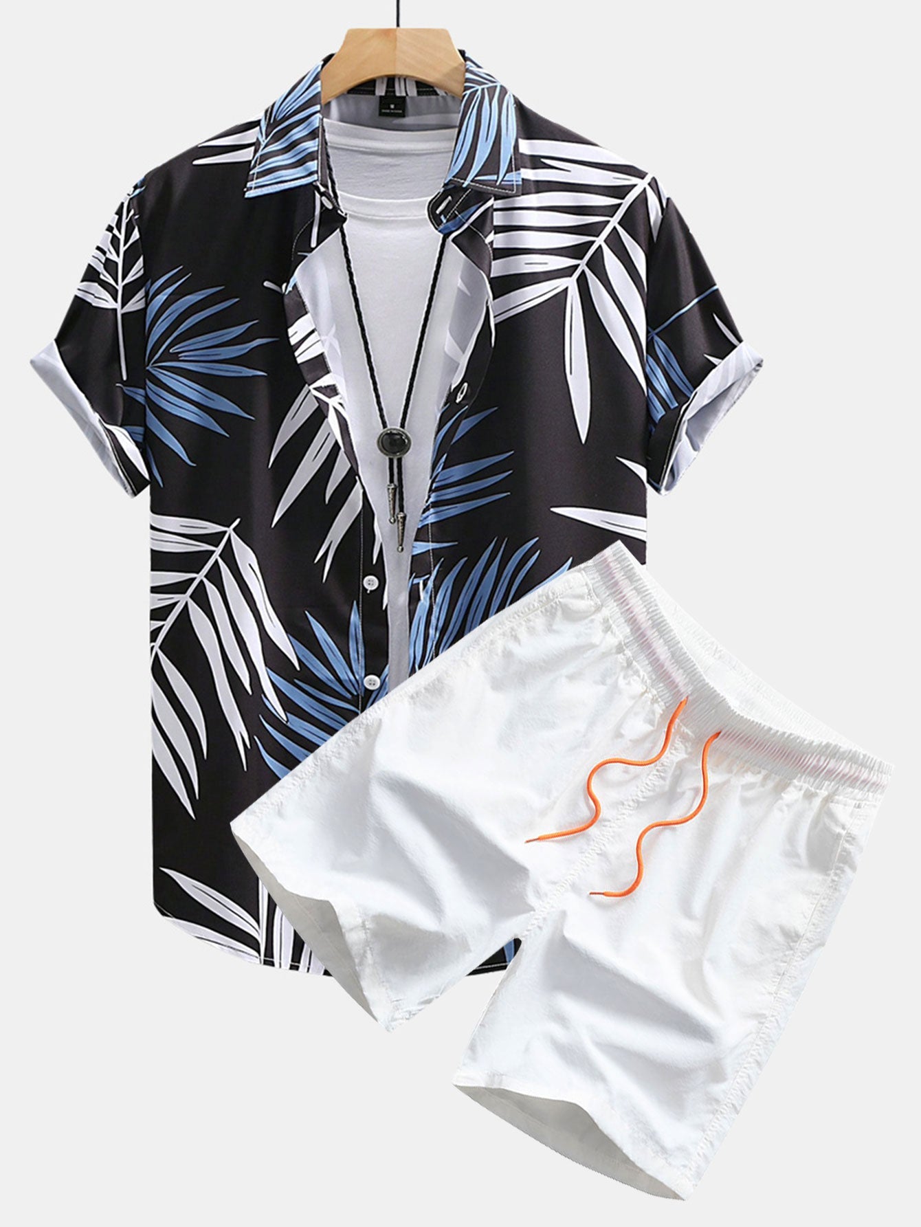 Doug® | Tropical Leaves Print Button Up Shirt & Swim Shorts