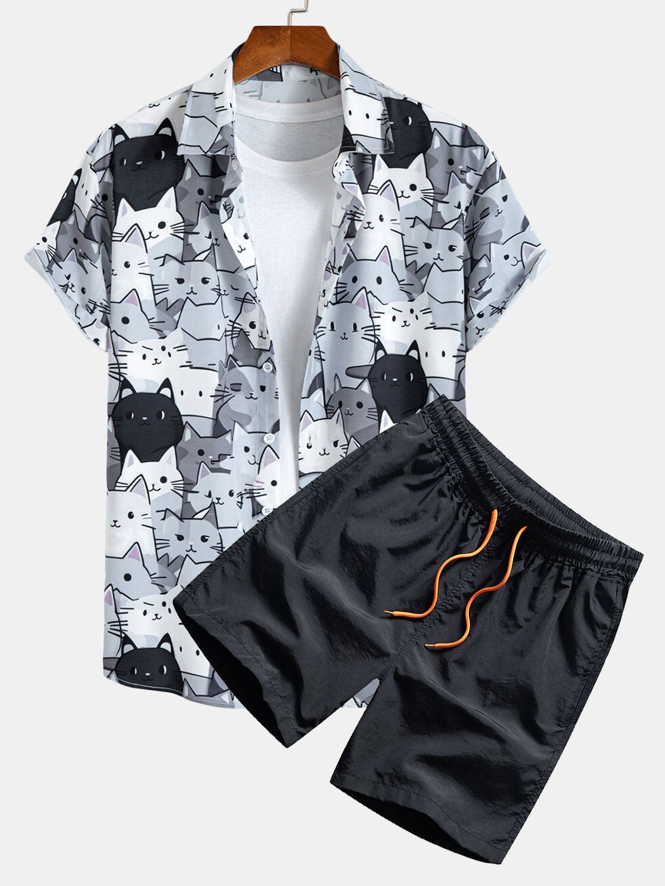 Imran® | Cartoon Cat Print Button Up Shirt & Drawstring Swim Shorts