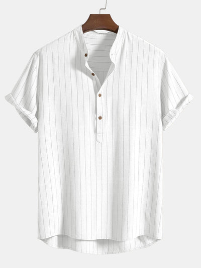 Aryan® | Linen Blend Striped Half Open Placket Henley Collar Shirt