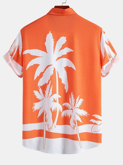 Justino® | Palm Tree Print Button Up Shirt & Man Mid Length Drawstring Swim Shorts