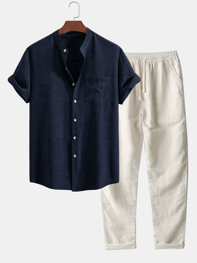 Adham® | Short Sleeve Stand Collar Shirt & Straight Leg Linen Pants