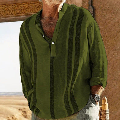 Men's V-neck Striped Print Loose Lapel Cotn Linen Shirt