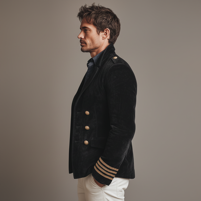 Men's Classic Retro Lapel Doble-breasted Epalette Fax Velvet Jacket