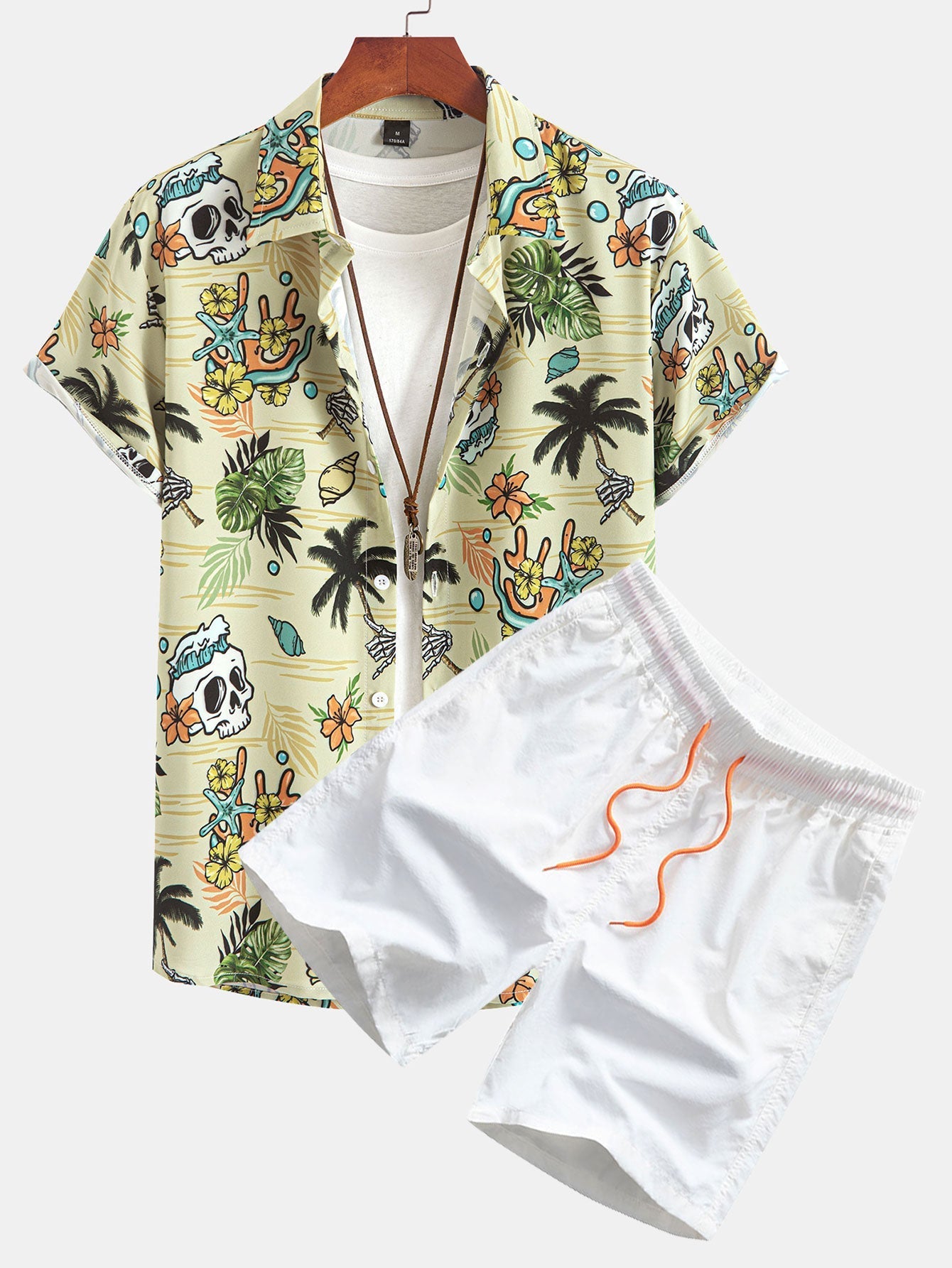 Gonzalo® | Tropical Wilderness Skull Print Button Up Shirt & Man Mid Length Drawstring Swim Shorts