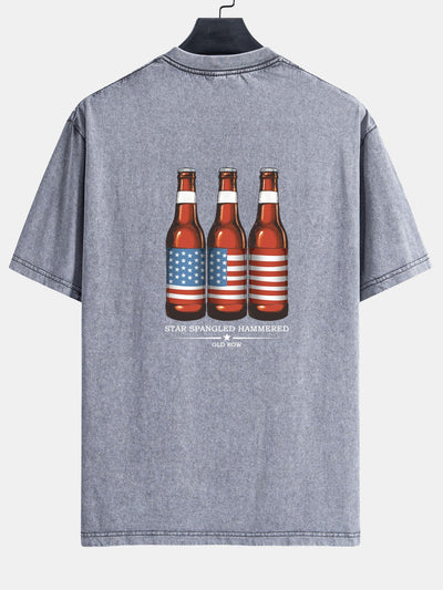 Jairo® | USA Old Row Beer Print Washed Distressed Drop Shoulder T-Shirt