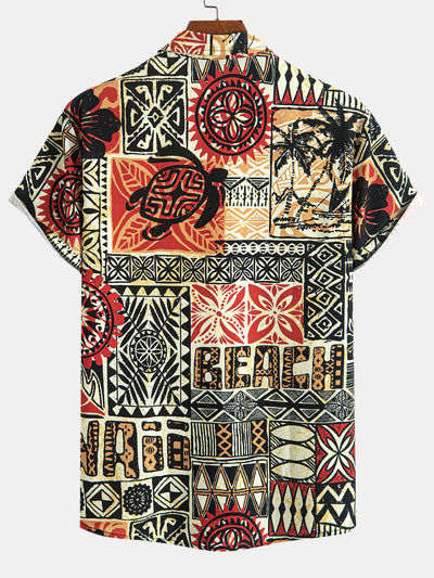 Alwin® | Palm Tree Turtle Ethnic Geometry Print Button Up Shirt