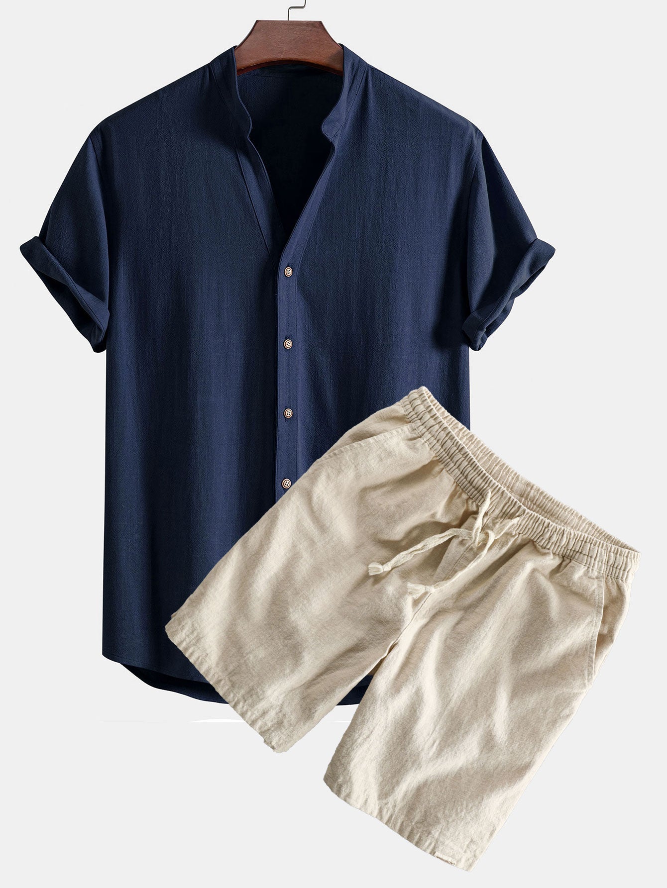 Gualterio® | Short Sleeve V Neck Linen Rayon Blend Shirt & Linen Cotton Blend Drawstring Shorts