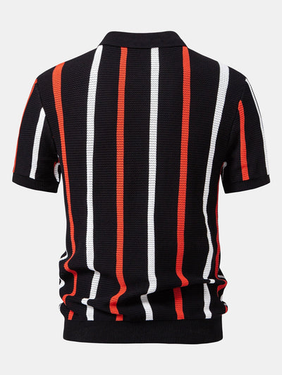 Isaac | Striped Knit Zip Up Polo Shirt