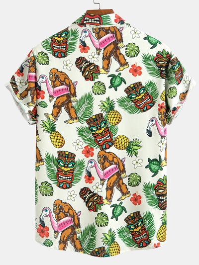Kristopher® | Tropical Tiki Bigfoot Print Button Up Shirt
