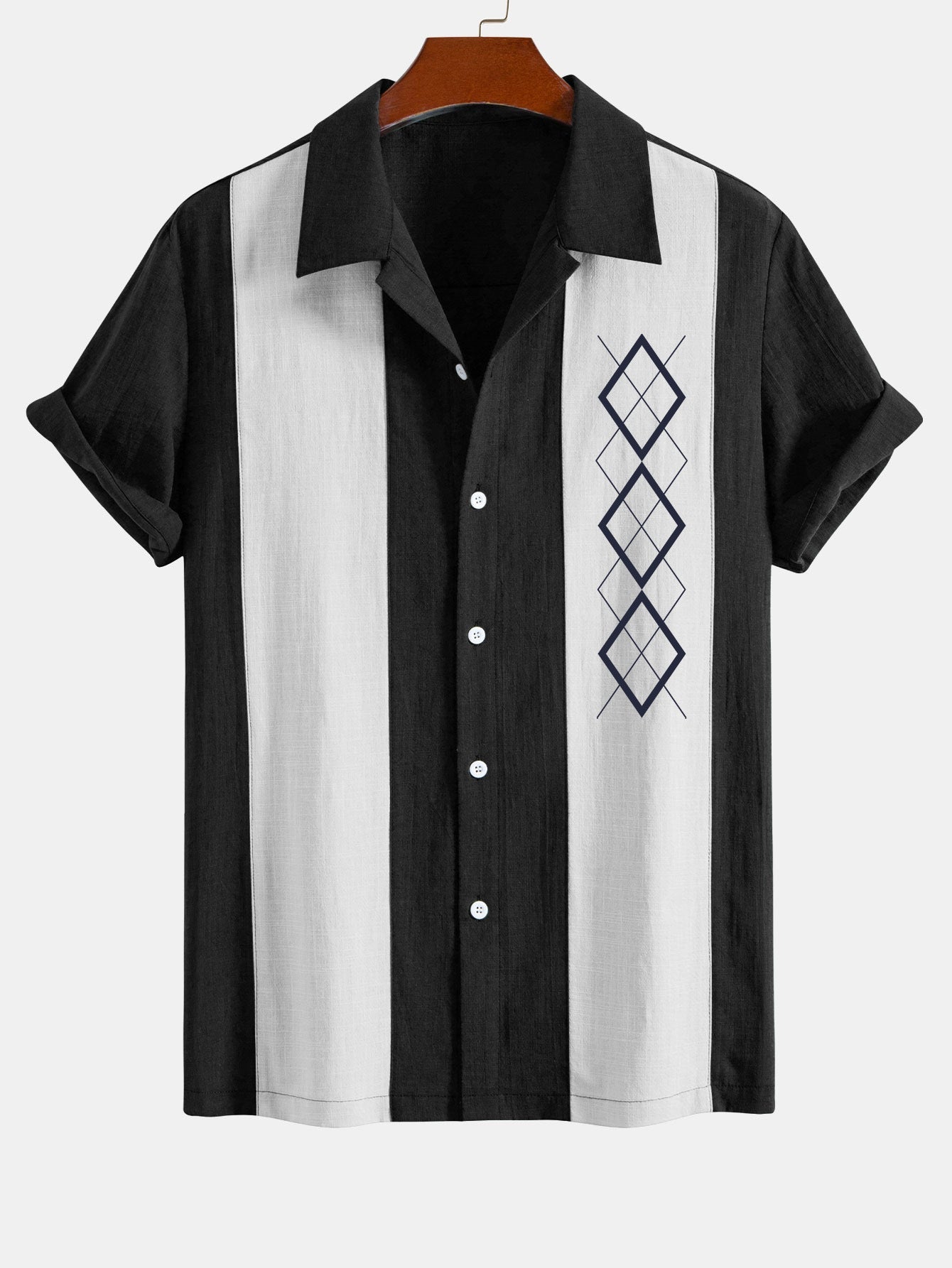 Amparo® | Geometric Rhombus Print Linen Look Patchwork Bowling Shirt