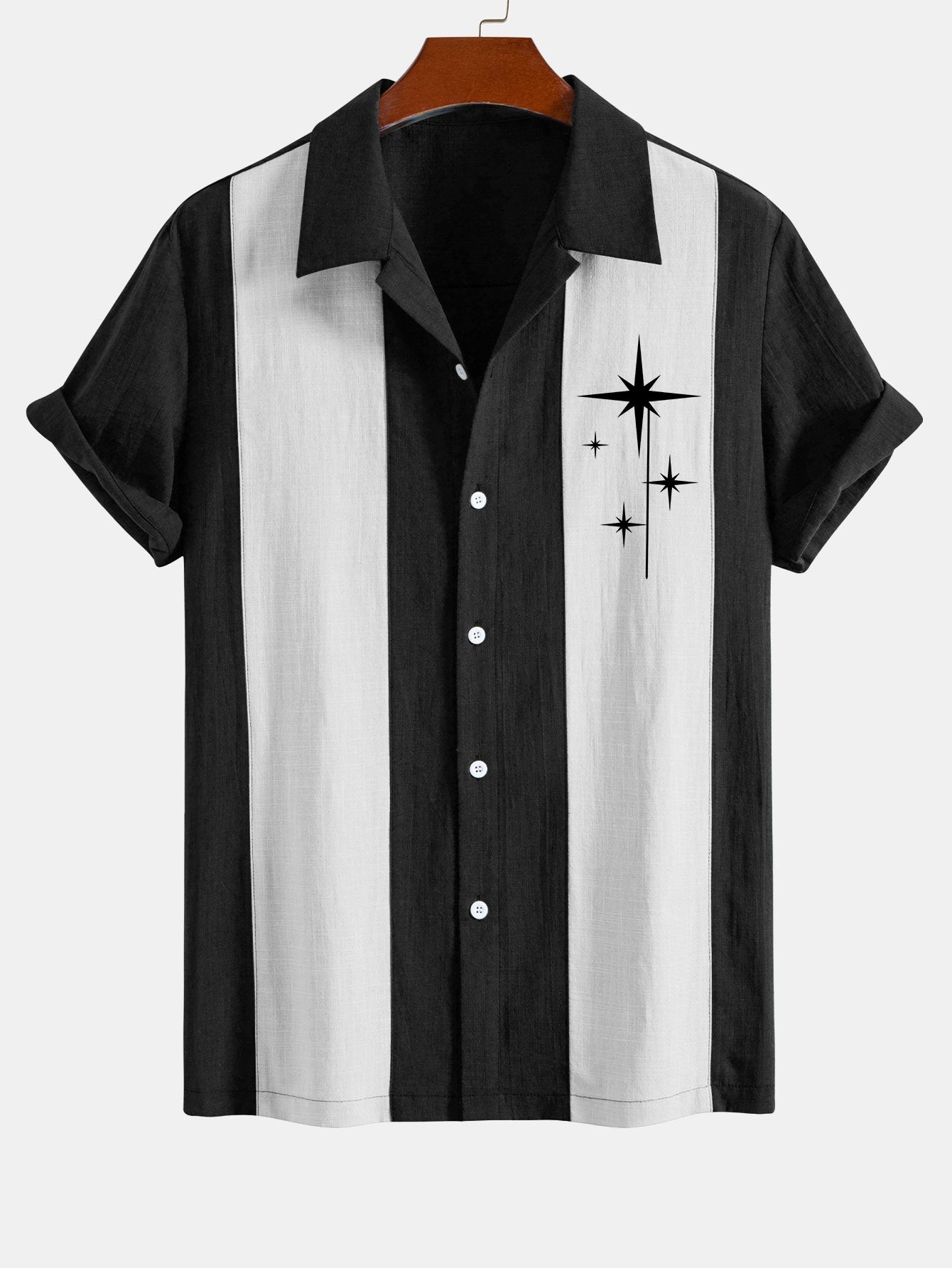 Leoncio® | Mid Century Starbursts Print Linen Look Patchwork Bowling Shirt