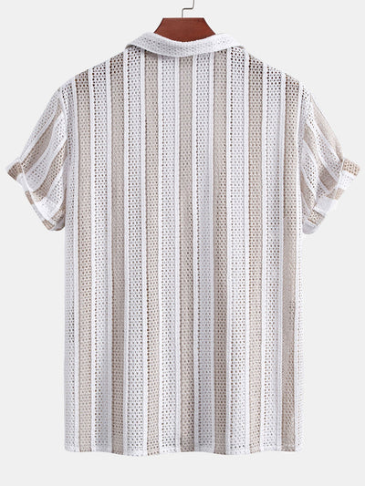 Josafat® | Striped Mesh Cuban Shirt & Wrinkle Textured Straight Leg Pants