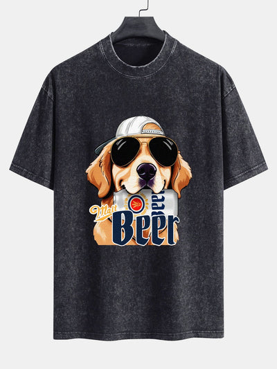 Jafar® | Beer Dog Print Washed Distressed Drop Shoulder T-Shirt