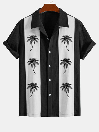 Alfon® | Palm Tree Print Linen Look Patchwork Bowling Shirt