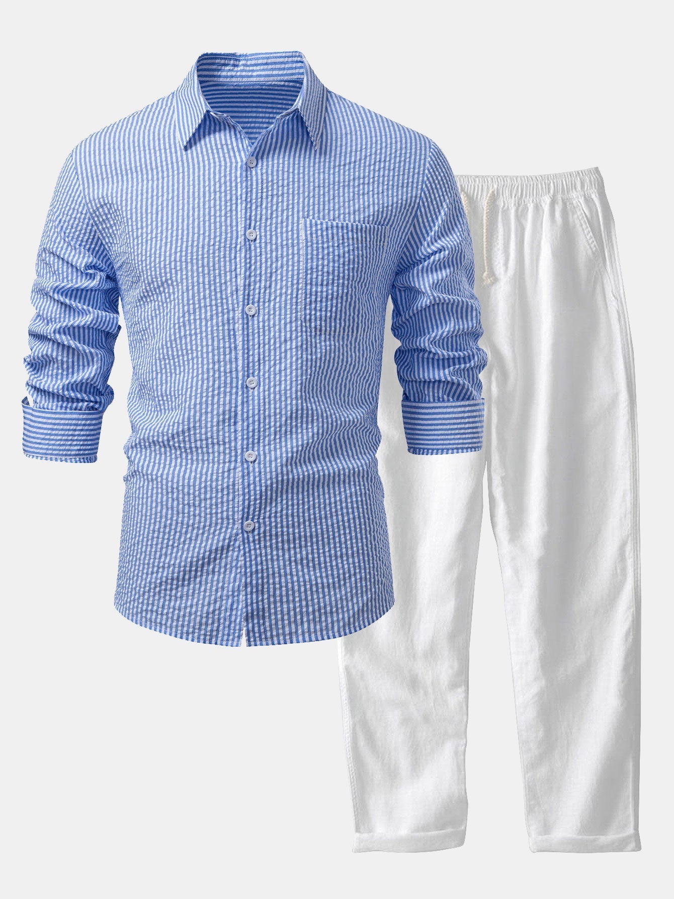 Ignacio® | Seersucker Striped Button Up Shirt & Straight Leg Linen Pants