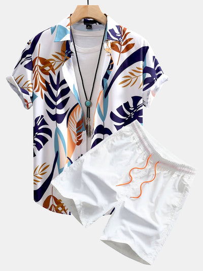 Adonis® | Colorful Leaf Print Button Up Shirt & Swim Shorts