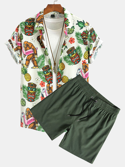 Leon® | Tropical Tiki Bigfoot Print Button Up Shirt & Solid Drawstring Swim Shorts