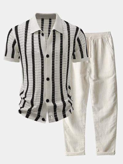 hola Striped shirt with knitted eyelets & straight leg linen trousers