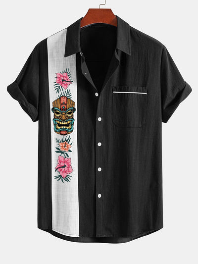 Lázaro® | Tiki Tribe Hawaii Print Linen Look Contrast Button Up Shirt
