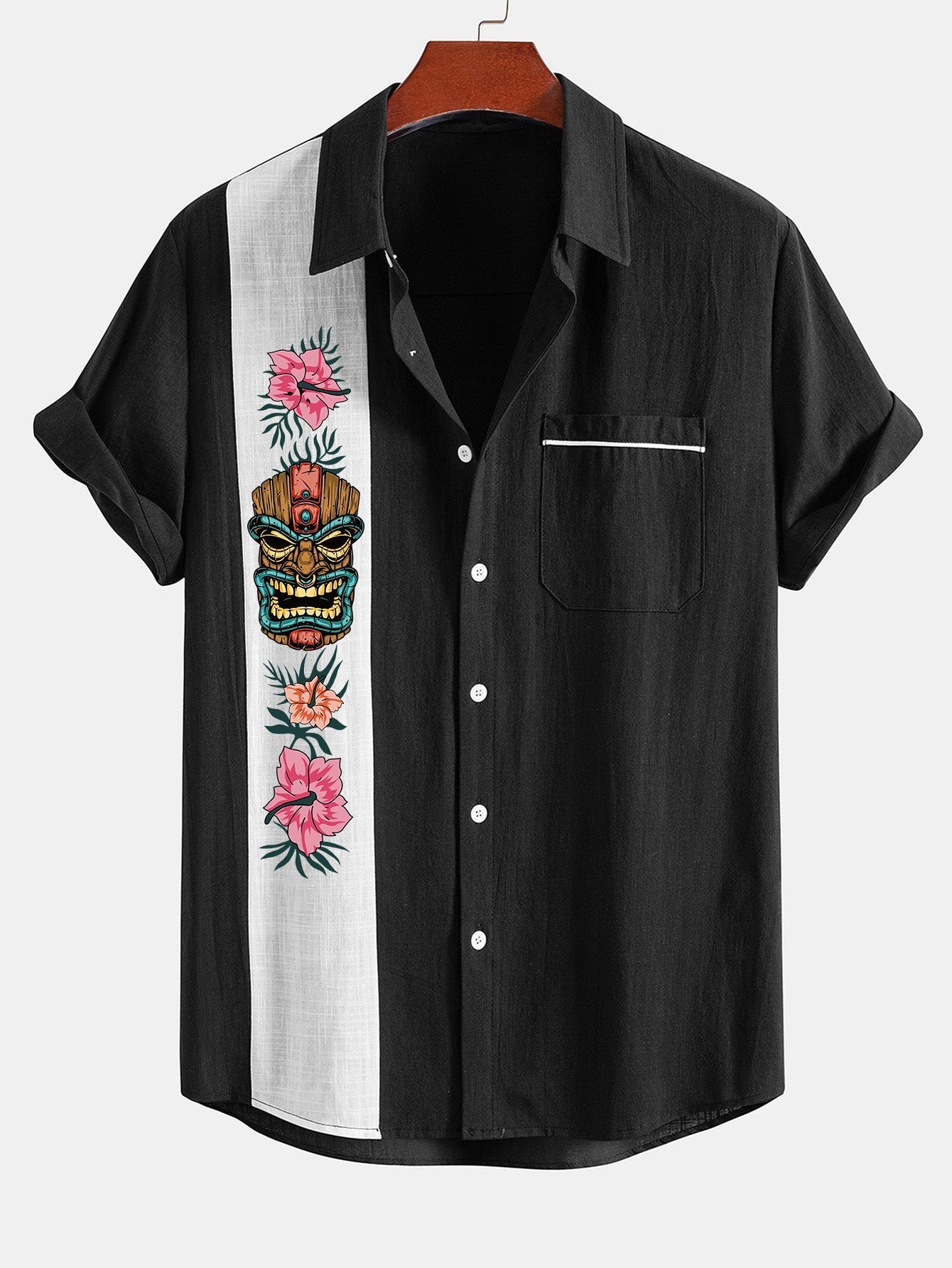 Arnuadt® | Tiki Tribe Hawaii Print Linen Look Contrast Button Up Shirt